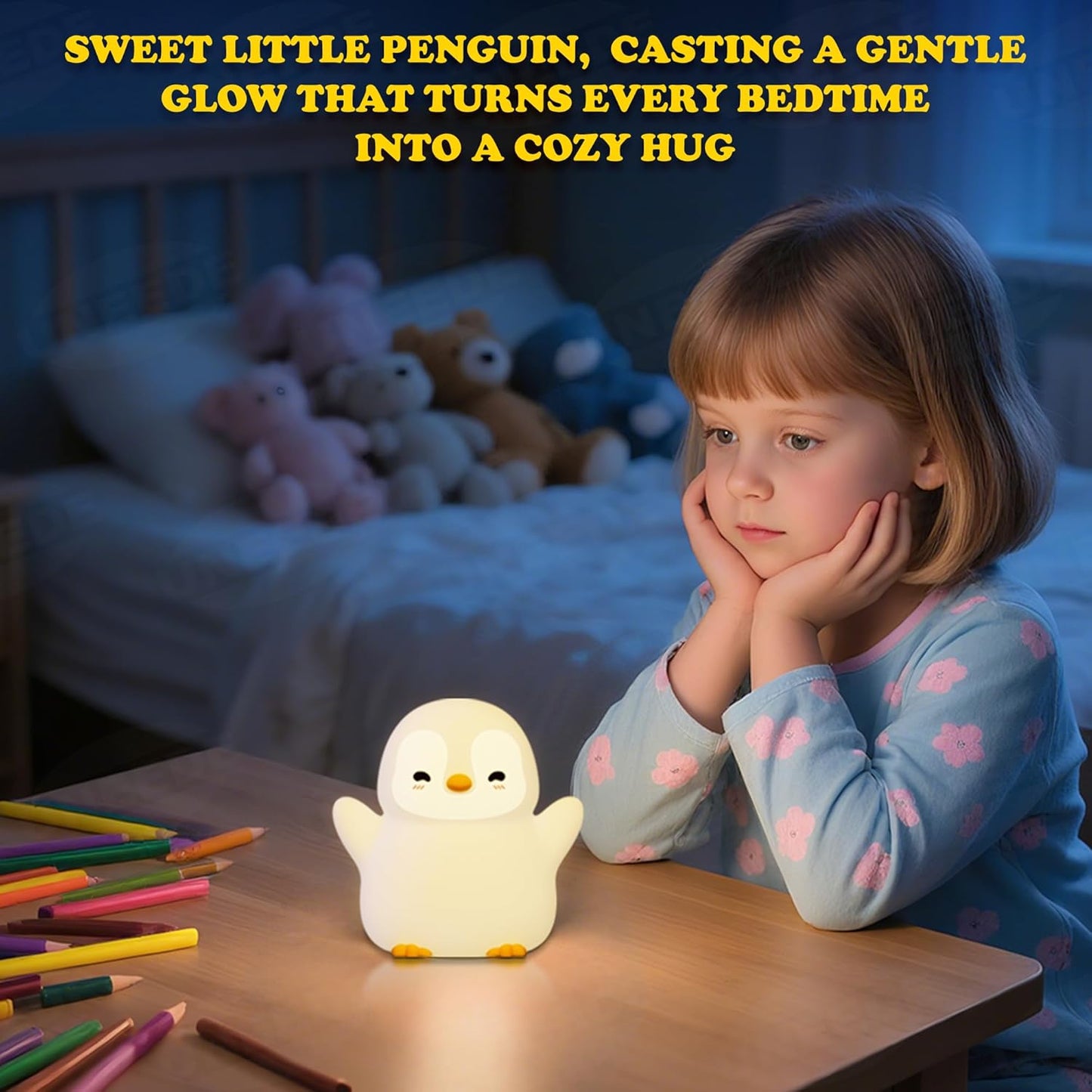 UNEEDE Standing Penguin Night Light with Detachable Bunny Hat - Rechargeable Silicone Touch Lamp, 2-Level Dimmable, 20-Min Timer, Nursery Decor for Kids & Holiday Gifts