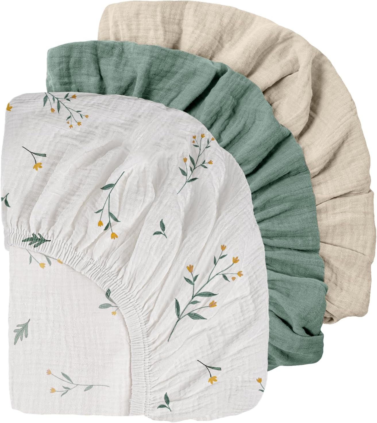 Gllquen Baby Muslin Mini Crib Sheets 3 Pack, Breathable Pack and Play Sheets Fitted Soft Cozy Cotton Pack N Play Sheets for Baby Boy Girls, Universal Fitted Mini Crib Mattresses 38"x26" (Green)