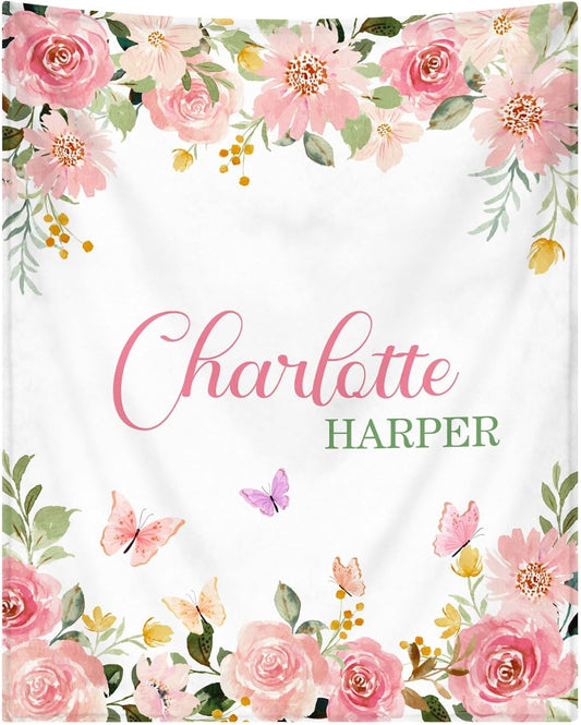 Personalized Baby Blankets for Girls Women Custom Baby Blanket with Name for Kids Toddlers Adult Soft Fleece Bed Throw Blanket for Newborn Customized Baby Girl Gifts for Birthday Baby Shower