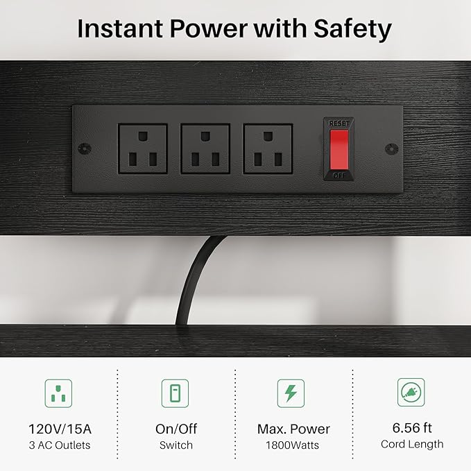 Baker Rack with Power Outlet - Microwave Stand with Storage, Large Coffee Bar Station with 14 Hooks, Metal Kitchen Shelf Rack for Spices, Pots (Rustic Black)