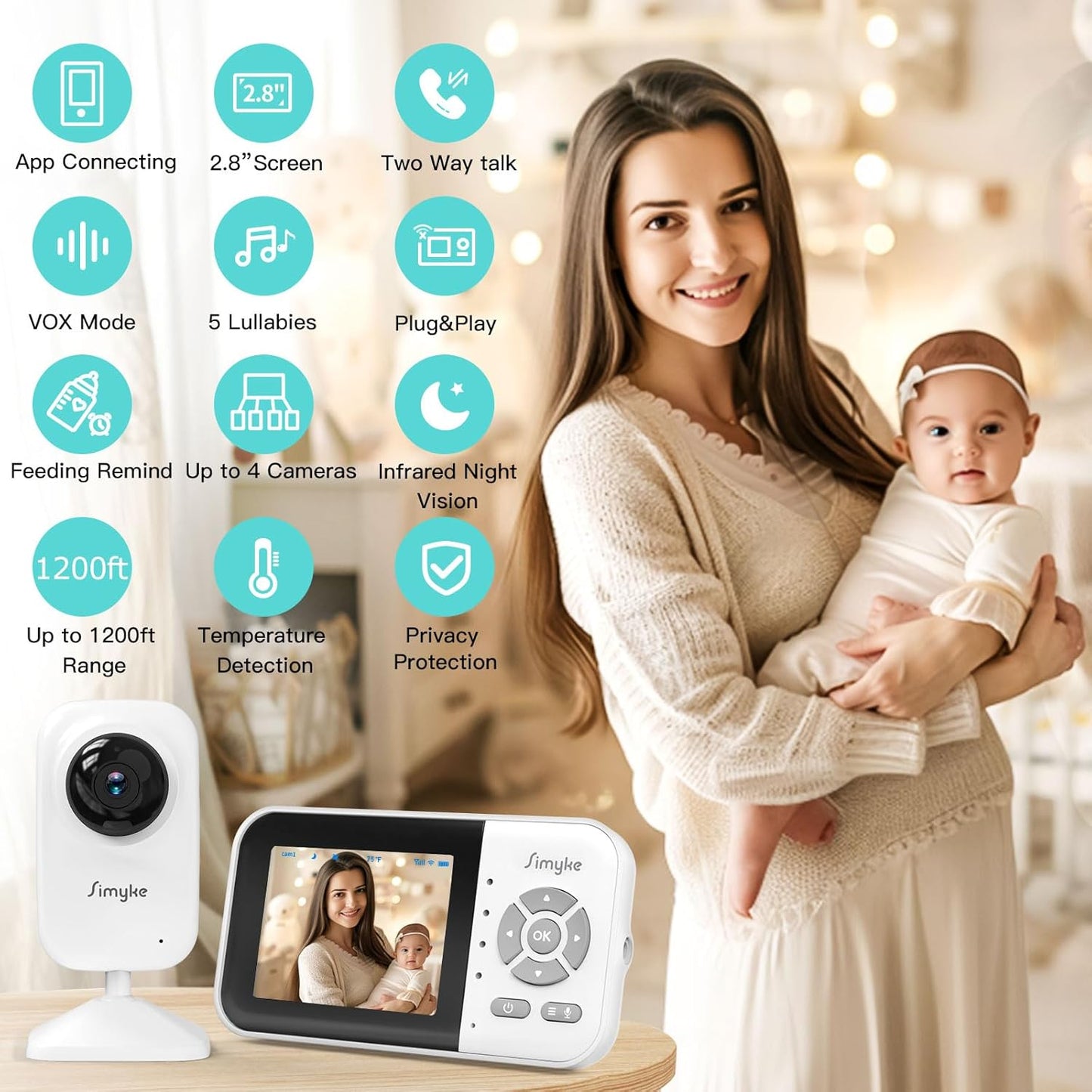 Upgrade Video Baby Monitor,WiFi Baby Camera,2.8" Display and App Control,1200ft Long Range,2 Way Talk,Auto Night Vision,Sound Alert,VOX,Temperature Sensor 5 Lullabies Feeding Remind,Home Use