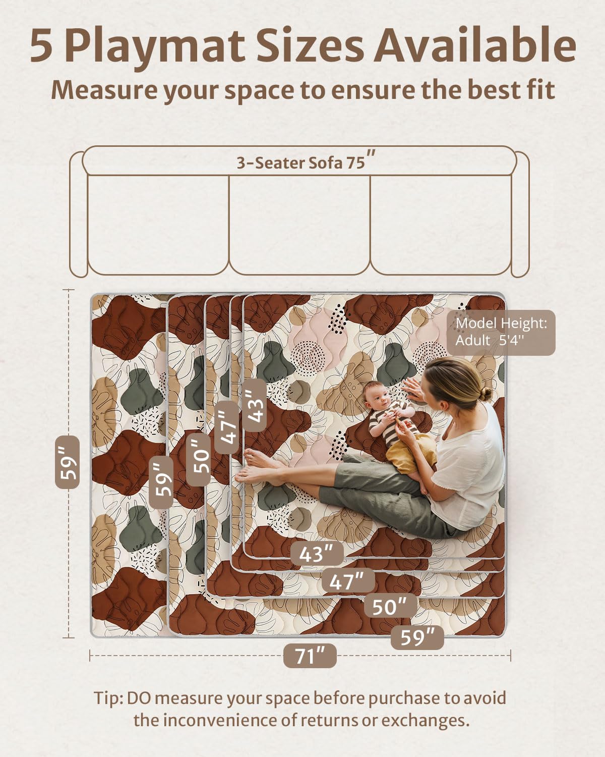 Blissful Diary Baby Play Mats for Floor, 47x47 Playpen Mat, Thicken Cushioning Padding Foam Playmate for Baby and Toddlers Infants, Non-Slip & Machine Washable, Boho Design