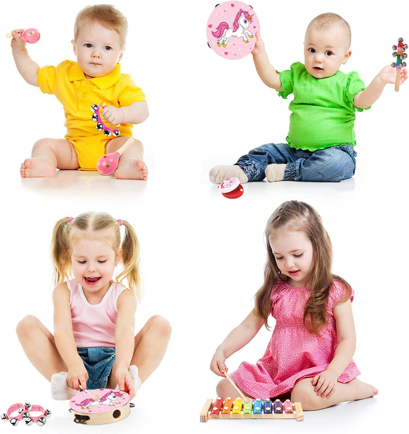 Kids Musical Instruments Sets, 12pcs Wooden Percussion Instruments Toys Tambourine Xylophone for Kids Playing Preschool Education, Early Learning Musical Toys for Boys Girls Gift (Pink)