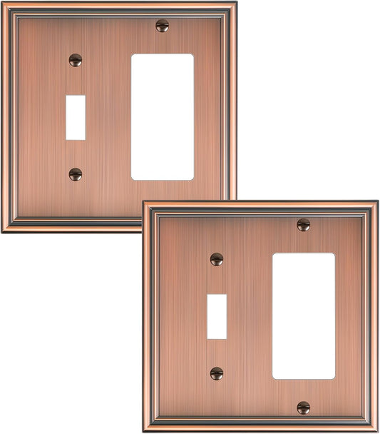 2-Pack Combo Toggle/Decorator Light Switch Cover Plate, Antique Copper Decorative Electrical Outlet Covers, Durable Solid Zinc Alloy Wall Switch Plates and Outlet Covers