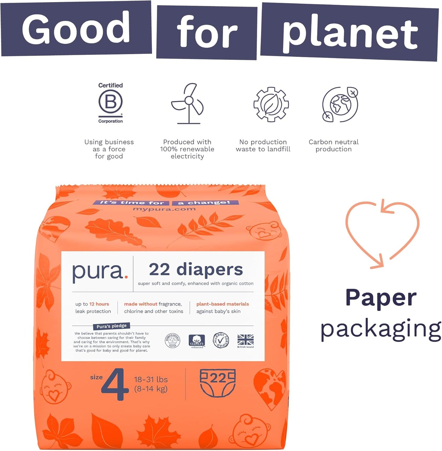 Pura Sensitive Skin Baby Diapers | Size 4 (18-31 lbs) | Hypoallergenic, Totally Chlorine Free, Fragrance Free, Up to 12-Hour Leak Protection | 6 Packs of 22 (132 Diapers)