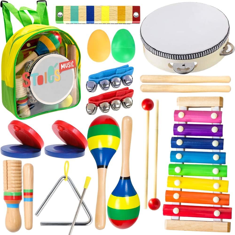 Stoie's Wooden Kids Musical Instruments for 1-5 Years Old, Baby Percussion Toys with Xylophone, Maracas, Tambourine, Durable, Safe to Play, Clear Sound, Bright Rainbow Colors, with a Storage Backpack