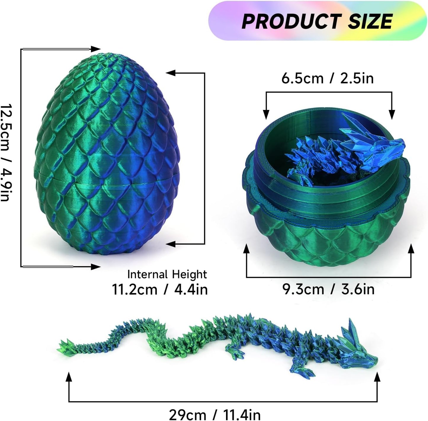 3D Printed Dragon Egg,Dragon Eggs with Dragon Inside,Crystal Dragon Fidget Toys,Full Articulated Dragon Dragon in Egg,Adults Fidget Toys for Autism ADHD (Laser Green-12inch)