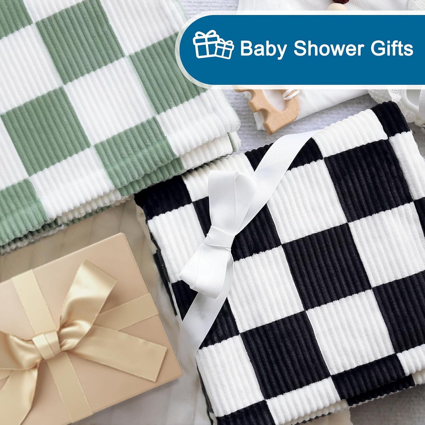 HOMRITAR Checkered Baby Blanket for Boys Sage Green Comfy Durable Corduroy Toddler Blankets with Double Layer 3D Square Grid Backing, Reversible Lightweight Bed Blanket for Infant Newborn 30 x 40 Inch