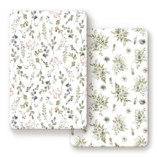 GRSSDER Stretchy Ultra Soft Jersey Knit Fitted Pack n Play Sheets Set 2 Pack， Portable Pack and Play/Mini Cribs Sheets for Girls，Stylish Watercolor Rose and Flora