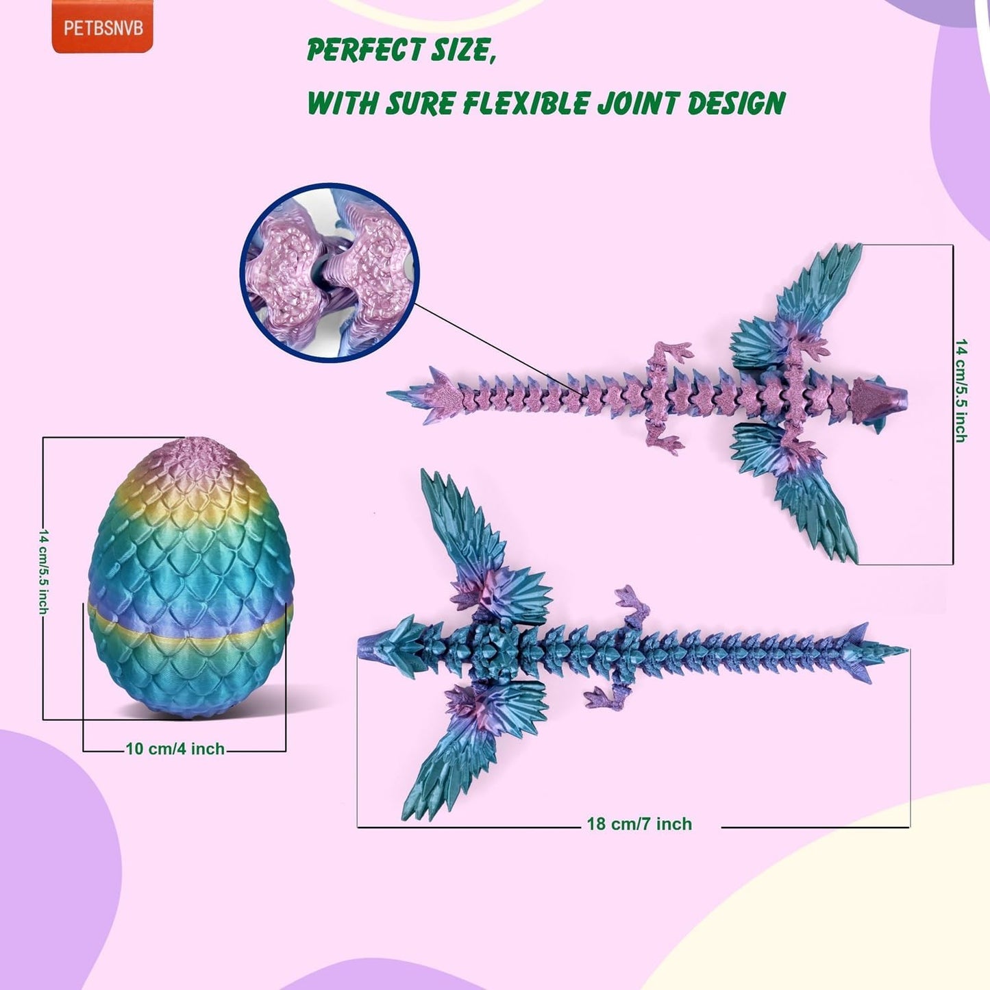 7" 3D Printed Dragon with Wings in Egg, Easter Basket Stuffers, Crystal Dragon Surprise in Eggs, Articulated Dragon, Dragon Fidget Toy, Home Office Decor Executive Desk Toy (Laser Green)