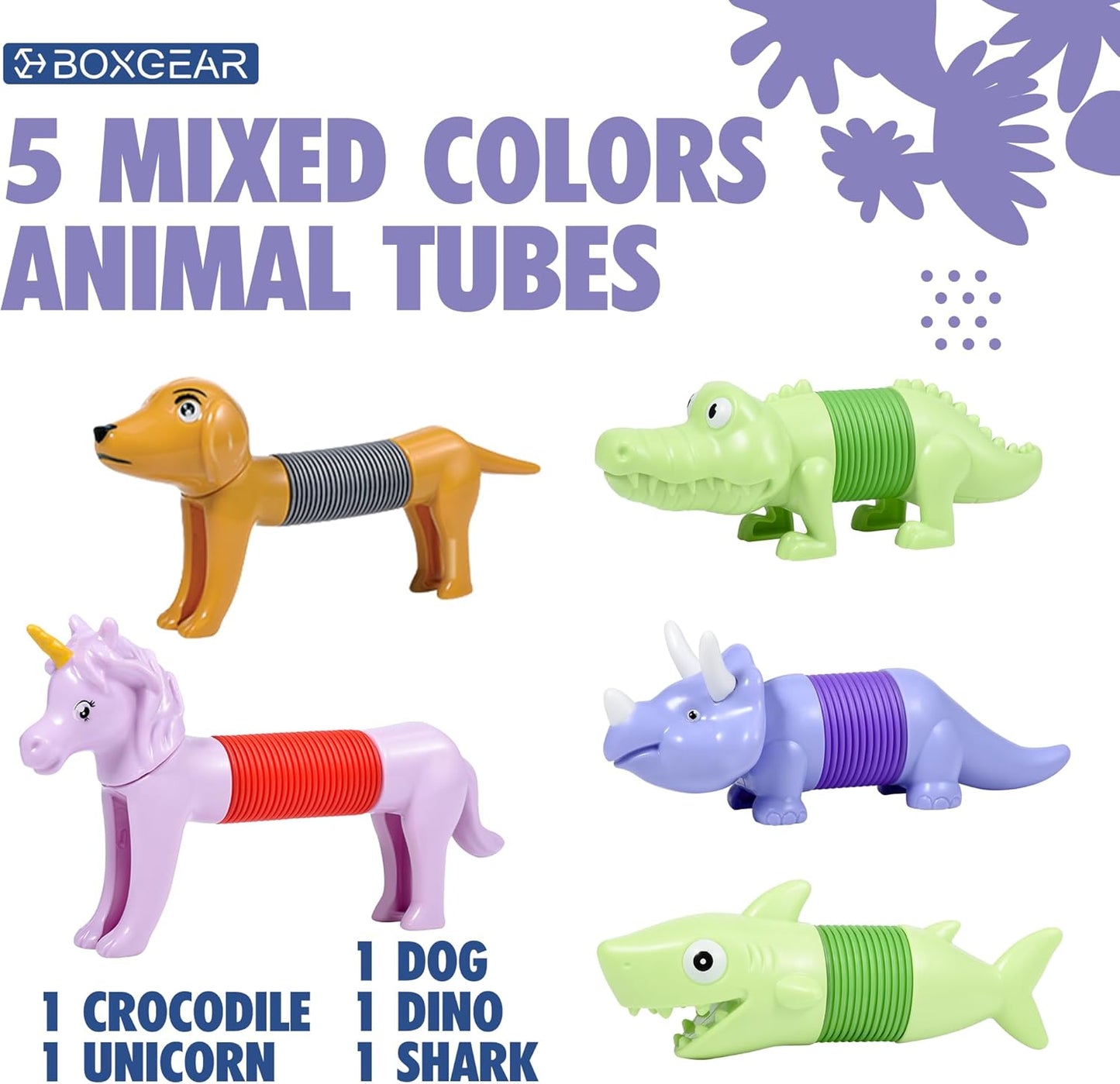 Boxgear 5-Pack Pop Tubes Mixed Animal Fidget Toys – Sensory Tubes for Toddlers – Cute Animal Sensory Fidget Toys for Girls and Boys – Stress-Relief Pop Sound Spring Toddler Sensory Toys