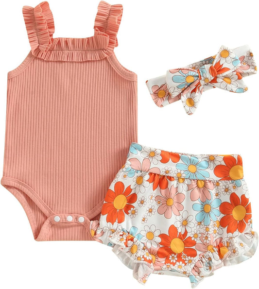 fhutpw Baby Girl Clothes Summer Cute Outfits 3 6 12 18 Months Spaghetti Strap Romper & Floarl Shorts Sets