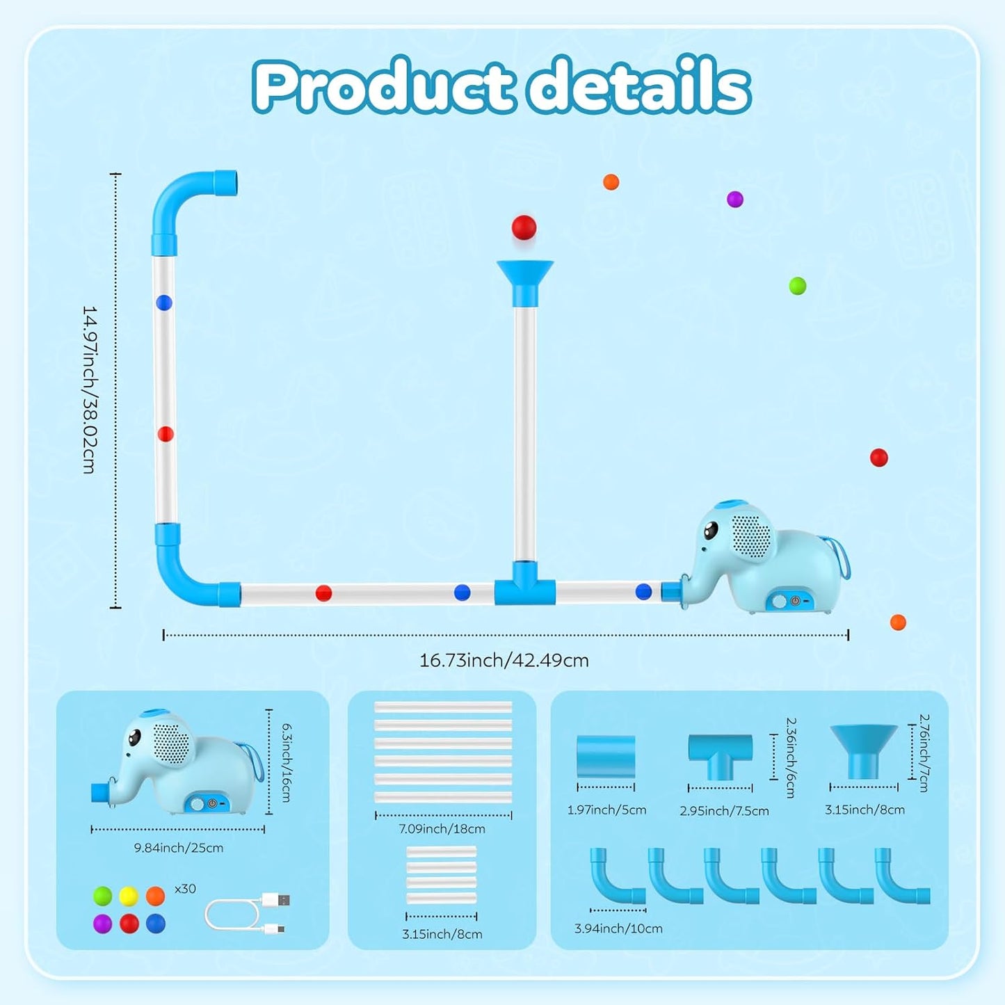 STEM Air-Powered Building Toys for Kids Ages 3 4 5 6 7 8+– Educational Air Tubes Toy& Turbine Set with 30 Foam Balls – Rechargeable Construction Kit for Boys & Girls – Fun Science Gift for Teens