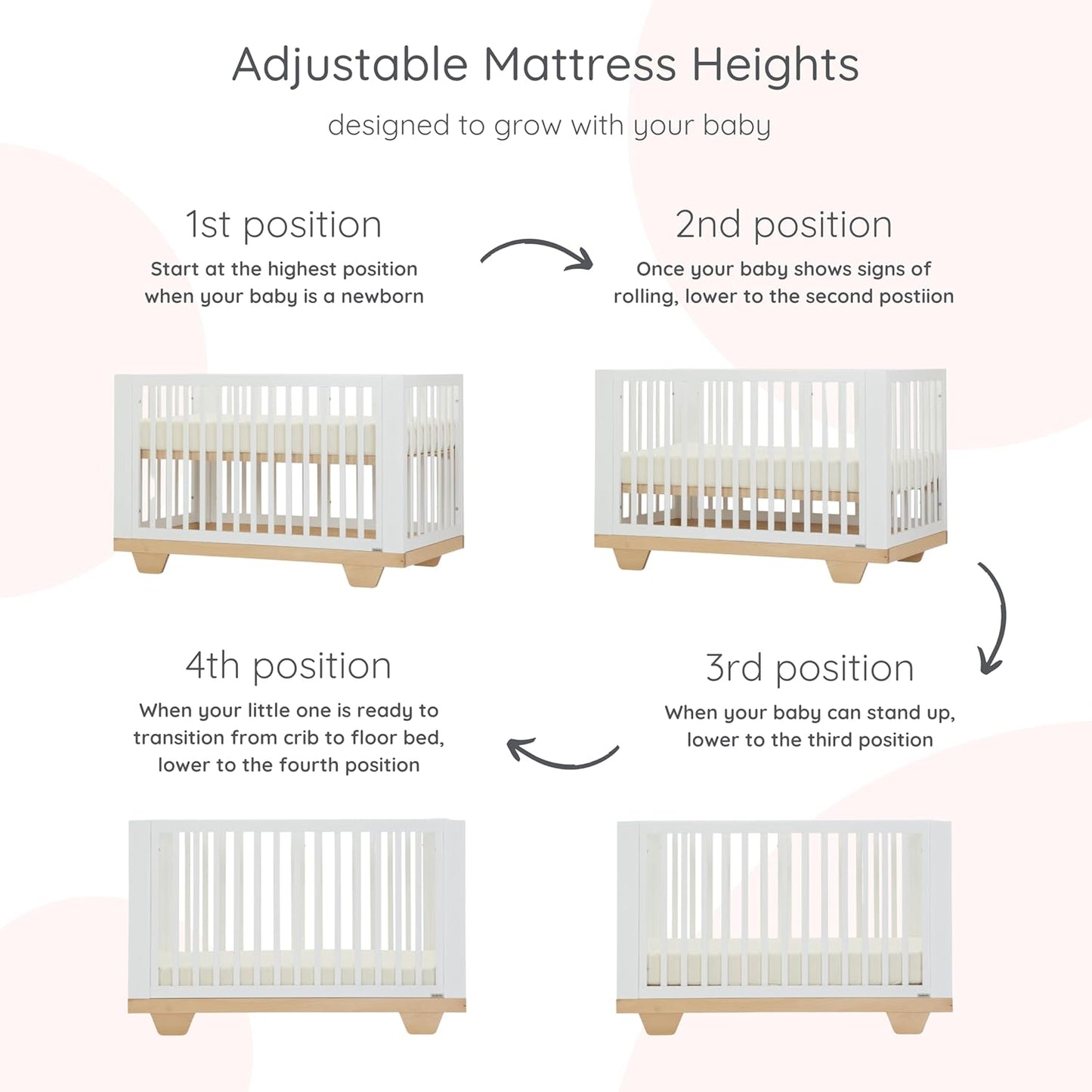 dadada Spirit 8 in 1 Convertible Crib to Toddler Bed & Floor Bed, Made in Italy, Greenguard Gold Certified, Adjustable Mattress Heights (White + Natural)