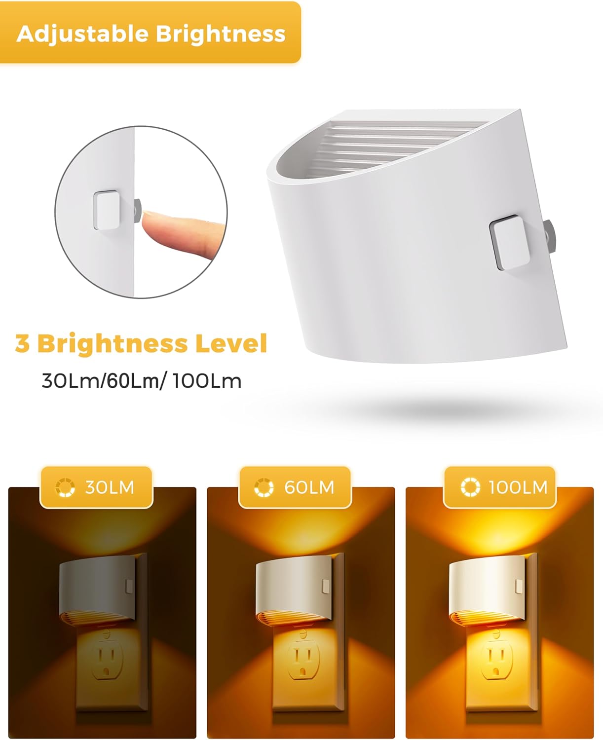 L LOHAS LED Night Light, Night Lights Plug into Wall with Dusk to Dawn Sensor, 3 Brightness Level, 2 Pack, 1600K Amber, White Housing