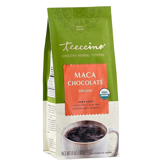 Teeccino Maca Chocolaté Chicory Coffee Alternative - Ground Herbal Coffee That’s Prebiotic, Caffeine Free & Acid Free, Dark Roast, 11 Ounce (Pack of 3)