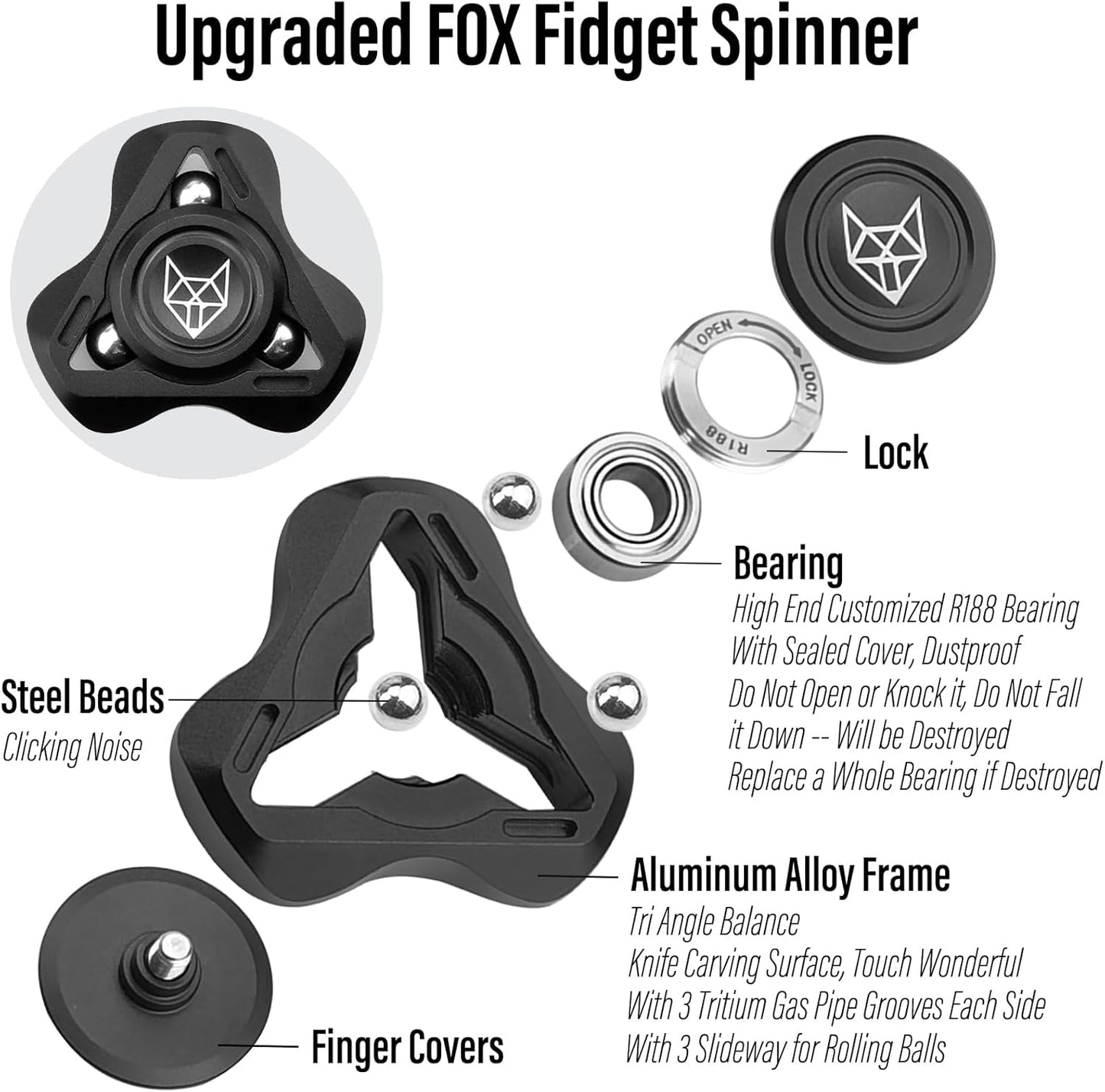 Freelove Upgraded Fox Tri 1.8'' Fidget Spinner with Steel Beads, Luminous Metal Spinners Toys for Adults, Premium Bearing 2~4 Min, Autism Sensory ADHD Anxiety Focus Meditation, Aluminum Alloy, Black