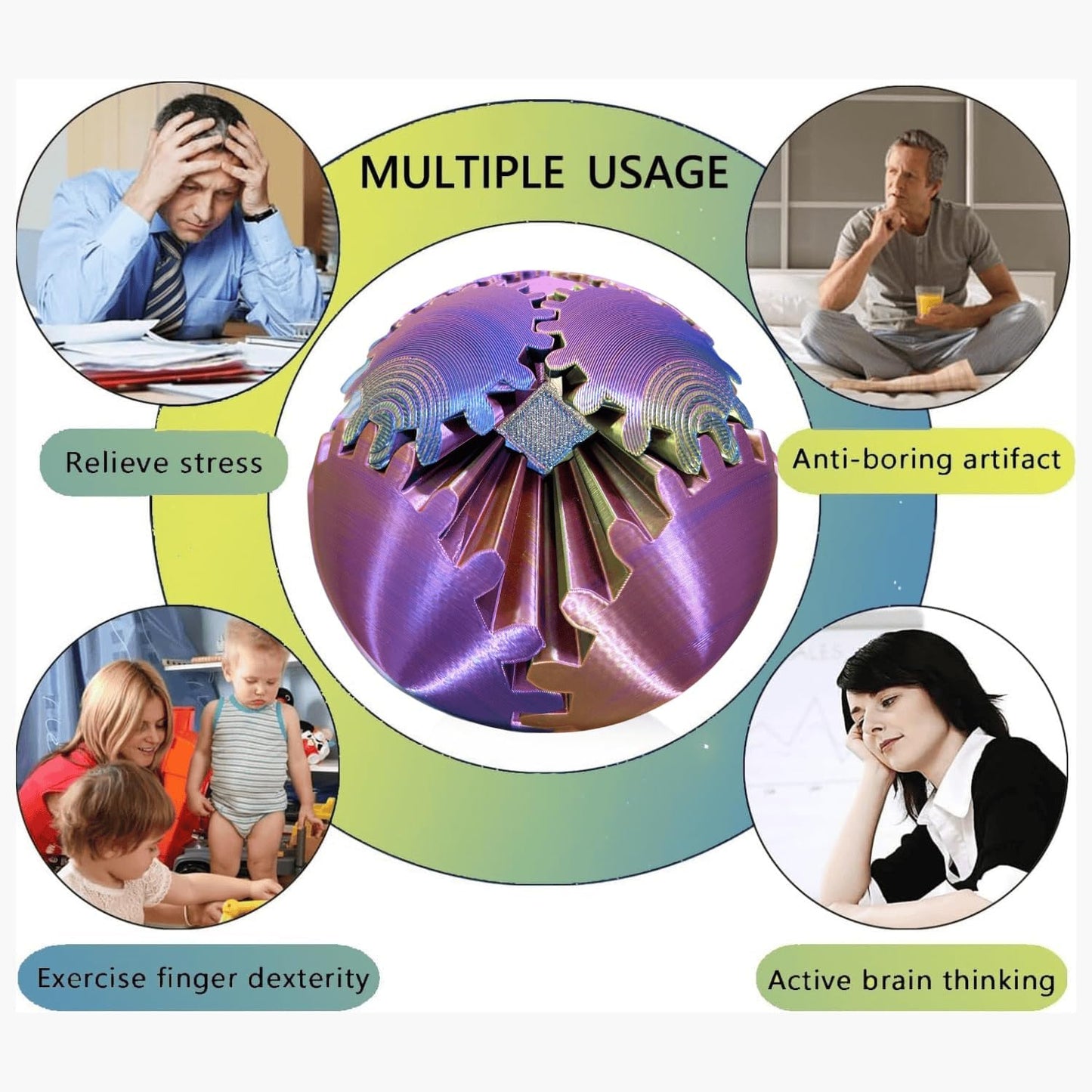 Gear Ball, 4.2in 3D Printed Gear Ball Spin Ball Cube Fidget Toys, Gear Sphere, Gear Ball Fidget Toy, Stress Ball, GearSphere Desk Toy, Fidget Balls, Gear Toy for Anxiety Relaxing (Laser Purple Blue)