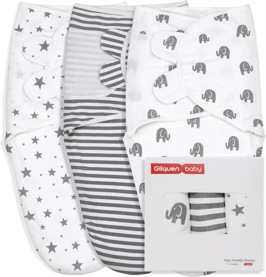 GLLQUEN BABY Swaddle Blankets for Baby Boy Girl, 3-6 Months, Gray Elephant Star & Stripe, 3 Pack Wrap Set, Newborn Adjustable Swaddles Sleep Sack,(Medium/Large)