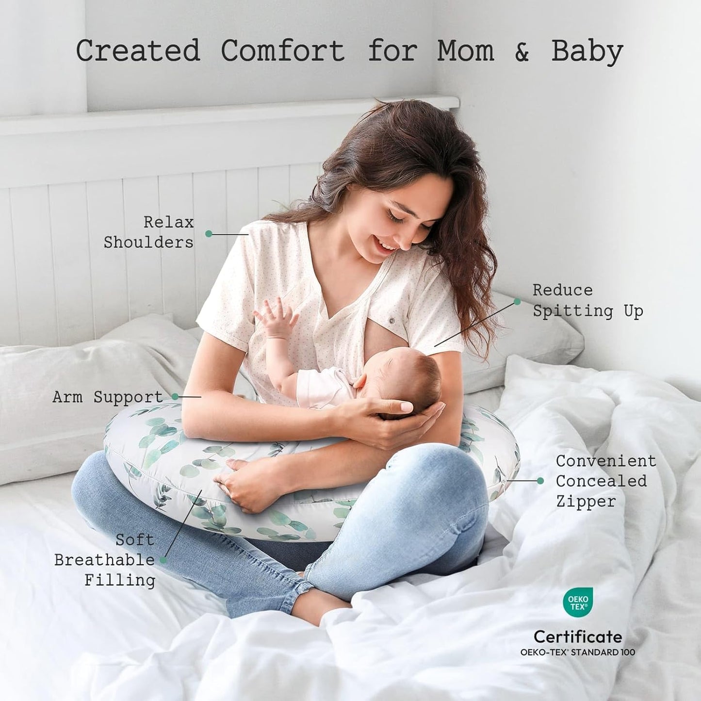 Little Grape Land Nursing Pillow for Infants, Breastfeeding Pillows, Baby Support Pillow for Nursing, Bottle Feeding, Tummy Time with Machine Washable Cover & Breathable Filling (Green Leaves)