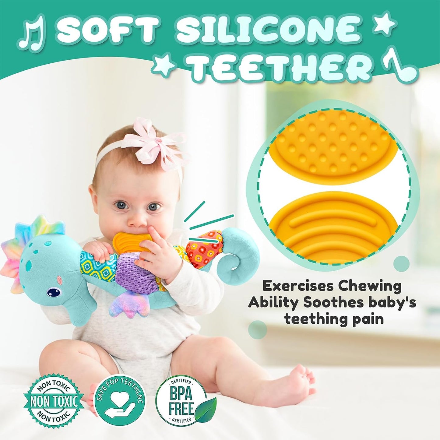 Baby Toys 0 to 12 Months, Musical Stuffed Animal Activity Soft Toys with Multi-Sensory Crinkle, Rattle and Textures, Infant Tummy Time Toys for Newborn Boys, Seahorse, Blue