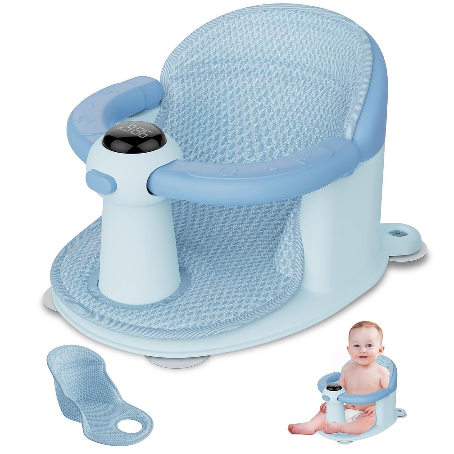 Baby Bath Seat-for Babies 6 Months & up, Water Temperature Display+Soft Cushion, Non-Slip Toddler Bath Seat for Baby, Sit Up Bath Seat for Baby, Blue