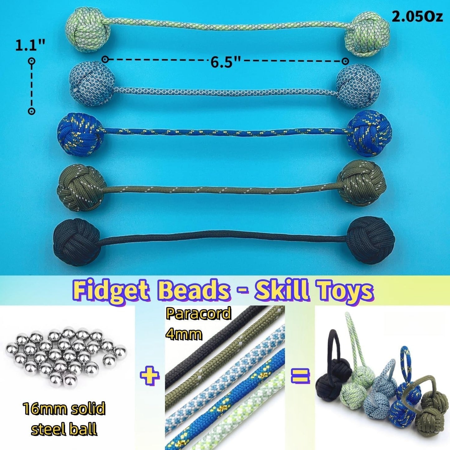 Fidget Beads Skill Toys, Fidget Toys, Parachute Cord and Steel Beads Handmade Fidget Beads, Beginners Worry Beads, Portable EDC Leisure Toys (Grey Brown)