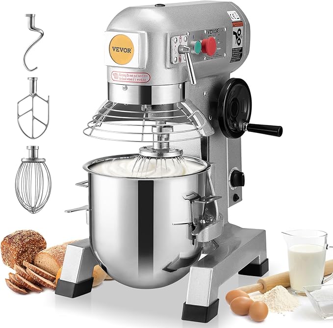 VEVOR Commercial Mixer 30Qt, Commercial Food Mixer Stainless Steel Bowl, 1100W Commercial Stand Mixer with 3 Speeds Adjustable, Dough Hook Whisk Beater Included, Perfect for Bakery Pizzeria, Silver