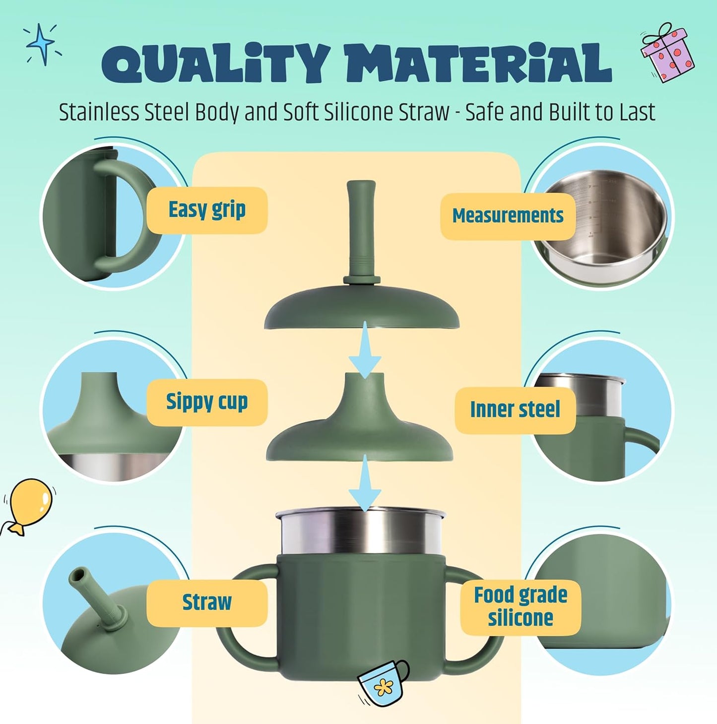 Jumble Dream Baby Sippy Cup, 100% Silicon Training Stainless Steel Kids Cups with Silicon Straw, Toddler Tumbler with Straw Spill Proof |6 Month Plus Toddler Sippy Cup| BPA Free (Blue Moon)