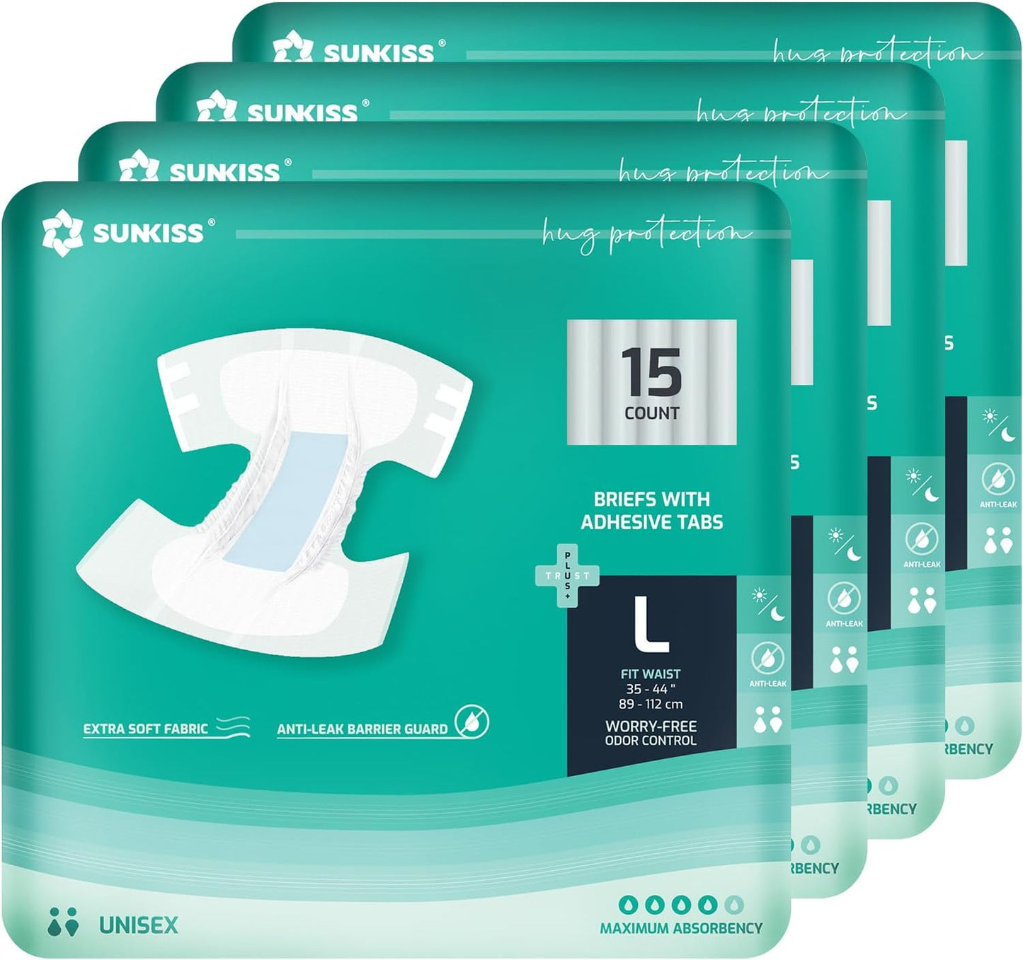 SUNKISS TrustPlus Adult Diapers with Maximum Absorbency, Disposable Incontinence Briefs with Tabs for Men and Women, Large, 60 Count (4 Packs of 15)