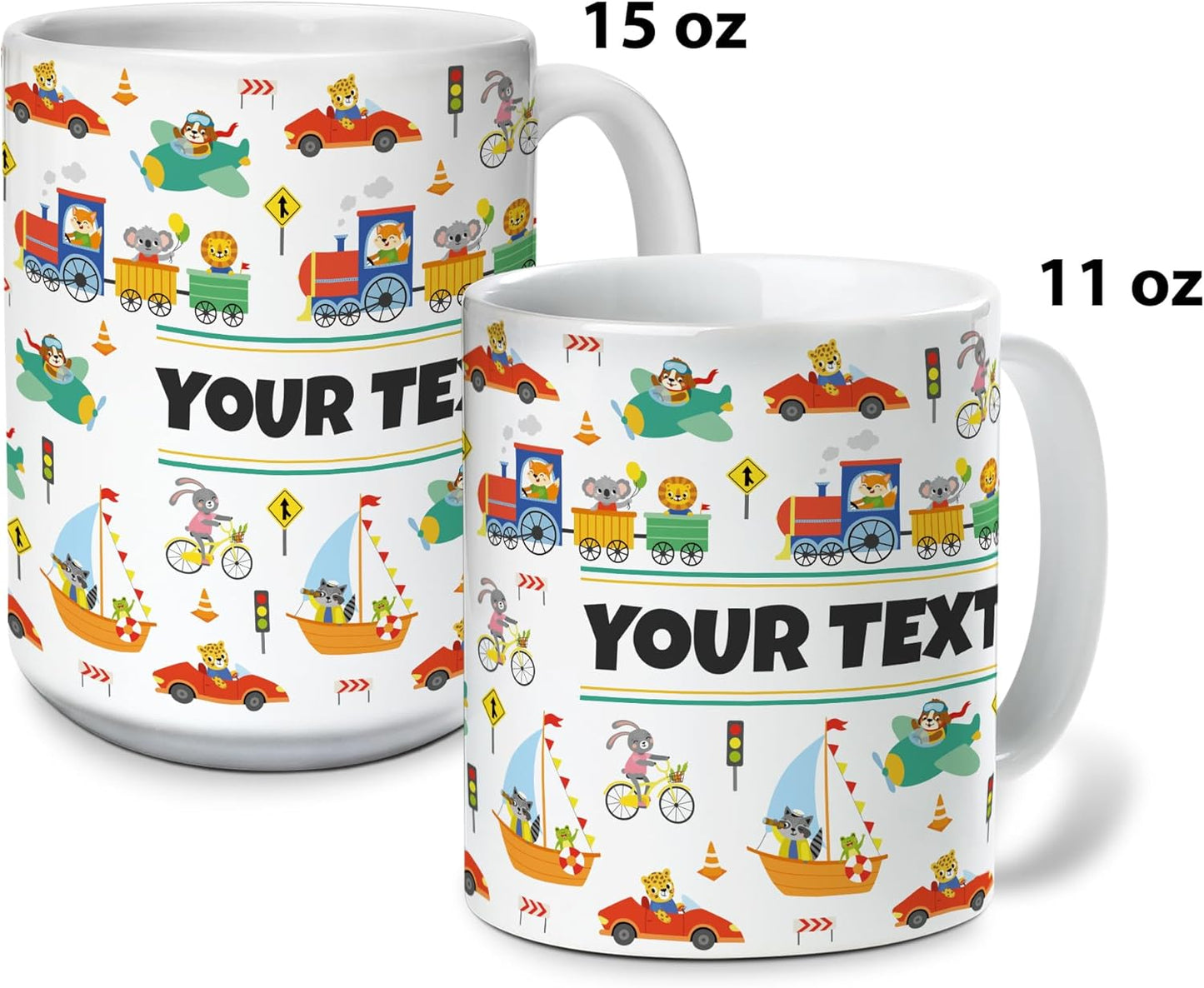 Personalized Mug for Kids - Vehicles - Custom Name/Text, Ceramic Hot Chocolate/Cocoa/Coffee Cup for Boys, Birthday/Christmas/Holiday Gift - 15 oz, Black Handle