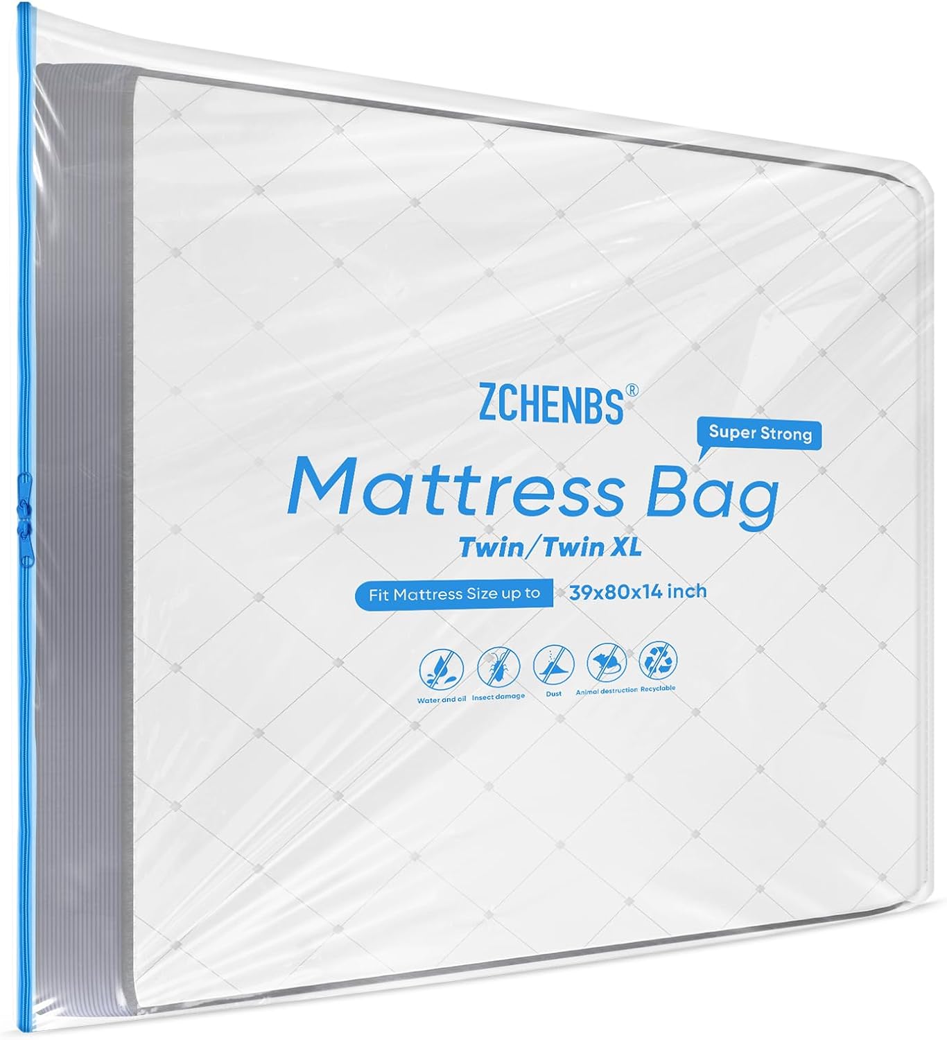 ZCHENBS® – Mattress Bags for Moving and Storage,Mattress Bag with Zippers,5 Mil Ultra-Thick Bed Bag,Waterproof,Anti-Tear,Heavy-Duty Mattress bag (Transaparent/Blue, Twin/Twin XL-(1 Pack))