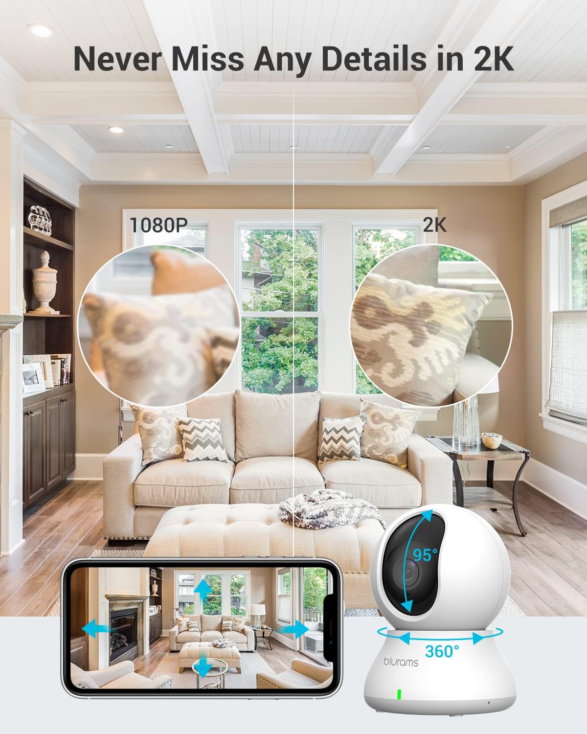 blurams Cameras for Home Security, 2K Indoor Camera 360° Pet Camera with Phone App, Motion Tracking, 2-Way Audio, IR Night Vision, Siren, Works with Alexa & Google Assistant