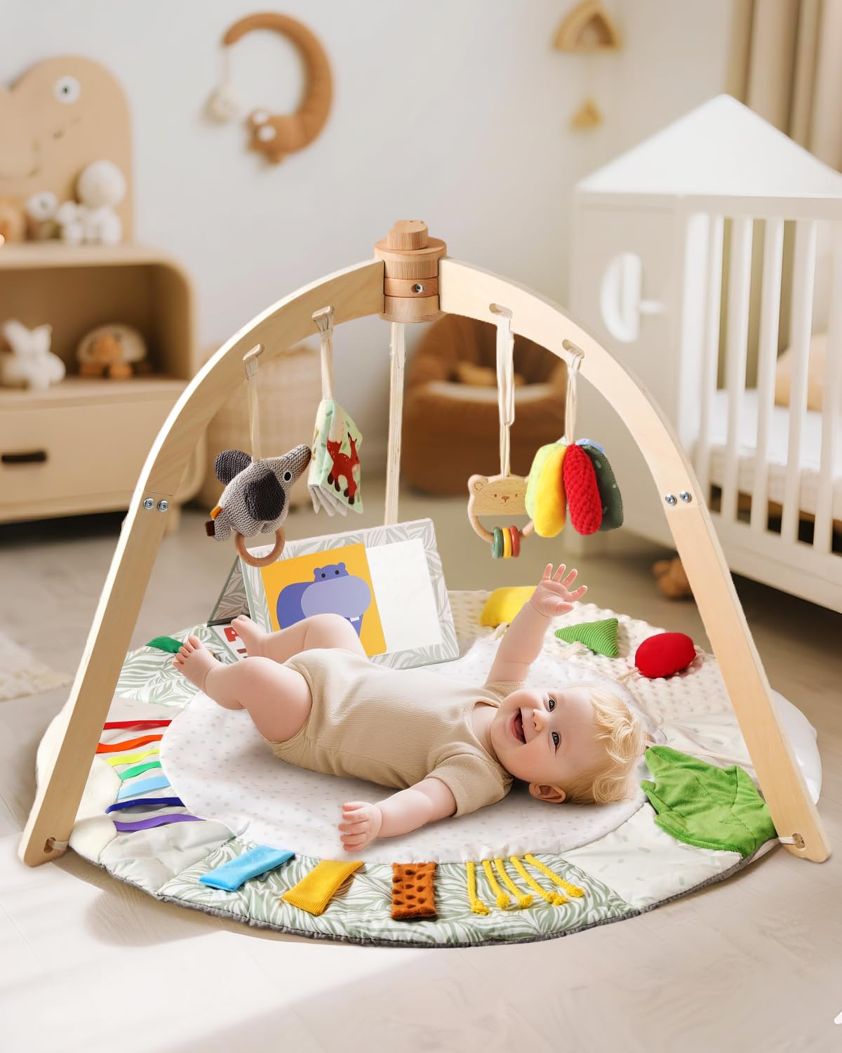 Wooden Baby Play Gym & Tummy Time Playmat – Montessori Sensory Activity Mat with 6 Developmental Toys for Fine Motor Skills – for Newborns to Toddlers (0–12M+)