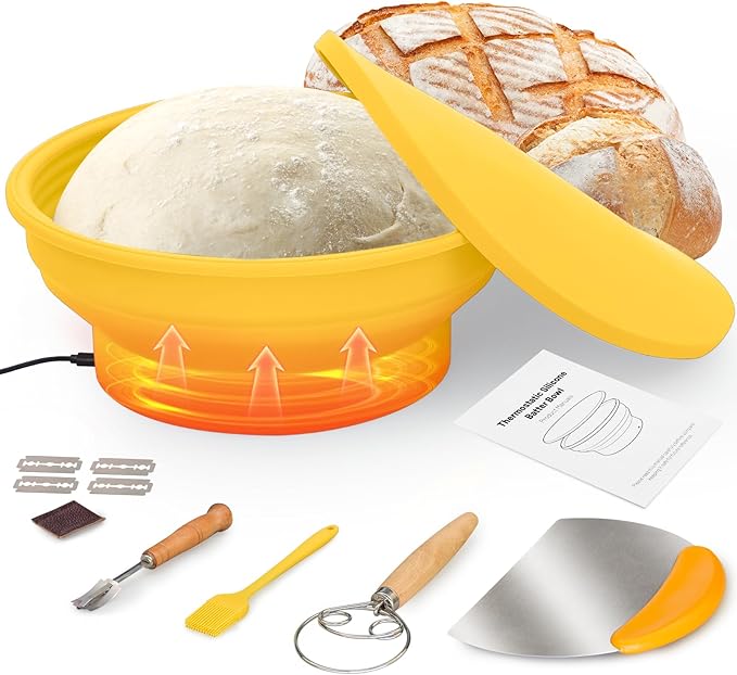 Electric Heating Bread Proofing Basket, Sourdough Starter Warmer - 4 Heat Settings, Foldable 9-Inch Sourdough Starter Kit, Silicone Banneton Basket-Multipurpose for Warming Pet Food, Yellow