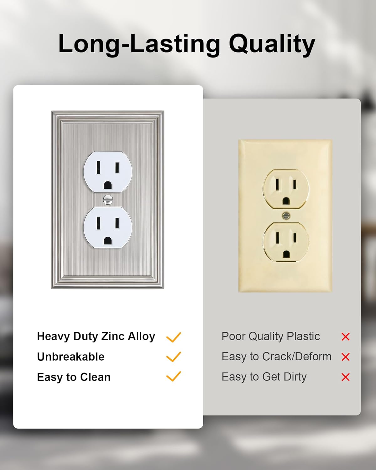 6-Pack Single Duplex Outlet Cover Plate, Decorative Brushed Nickel Switch Plates and Outlet Covers, Metal Wall Plates for Electrical Outlets, 1 Gang Receptacle Cover, Corrosion Resistant