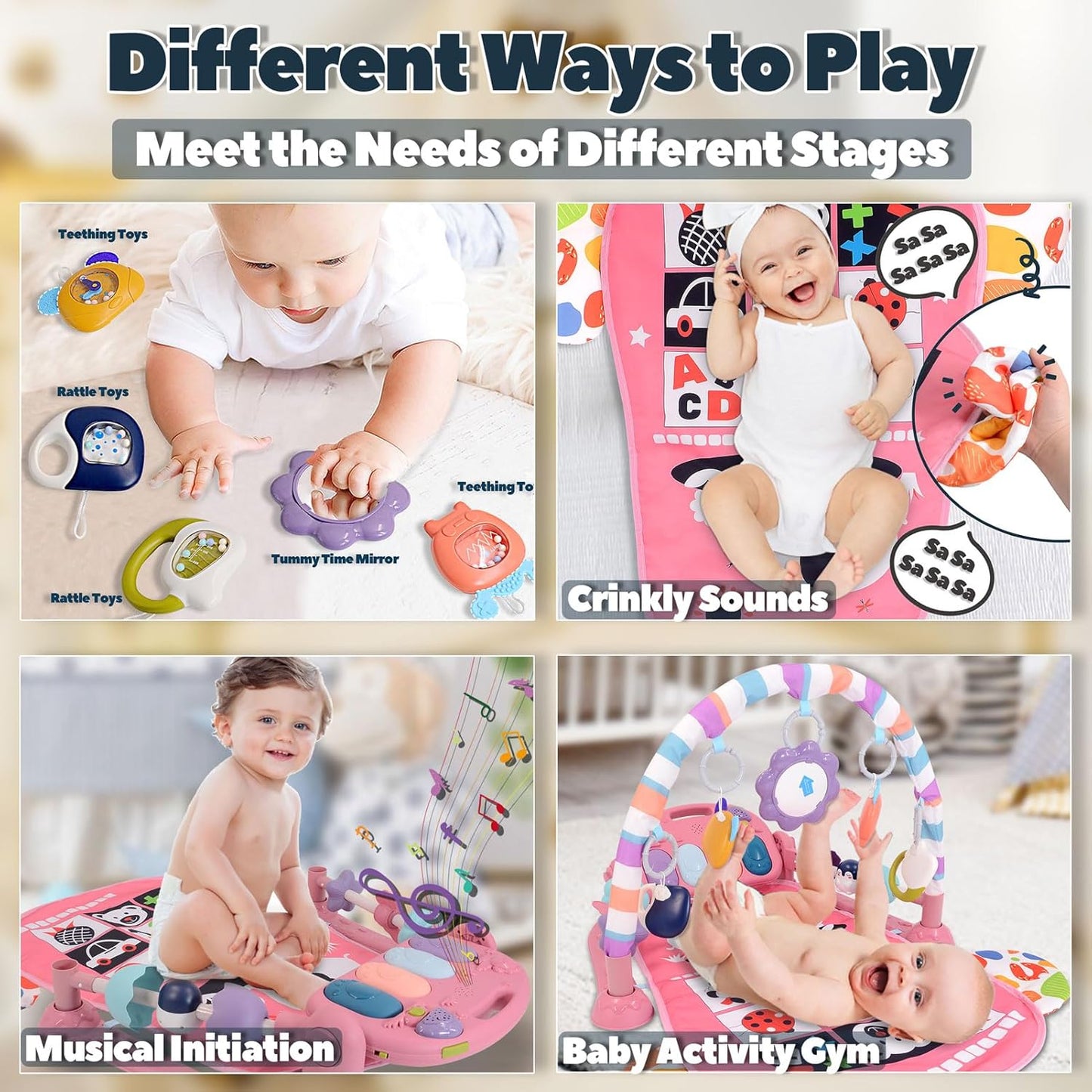 Baby Play Gym for 0-6 Months, High Contrast Tummy Time Mat, Kick and Play Piano, Music and Lights, Newborn Gifts for Girls, Pink