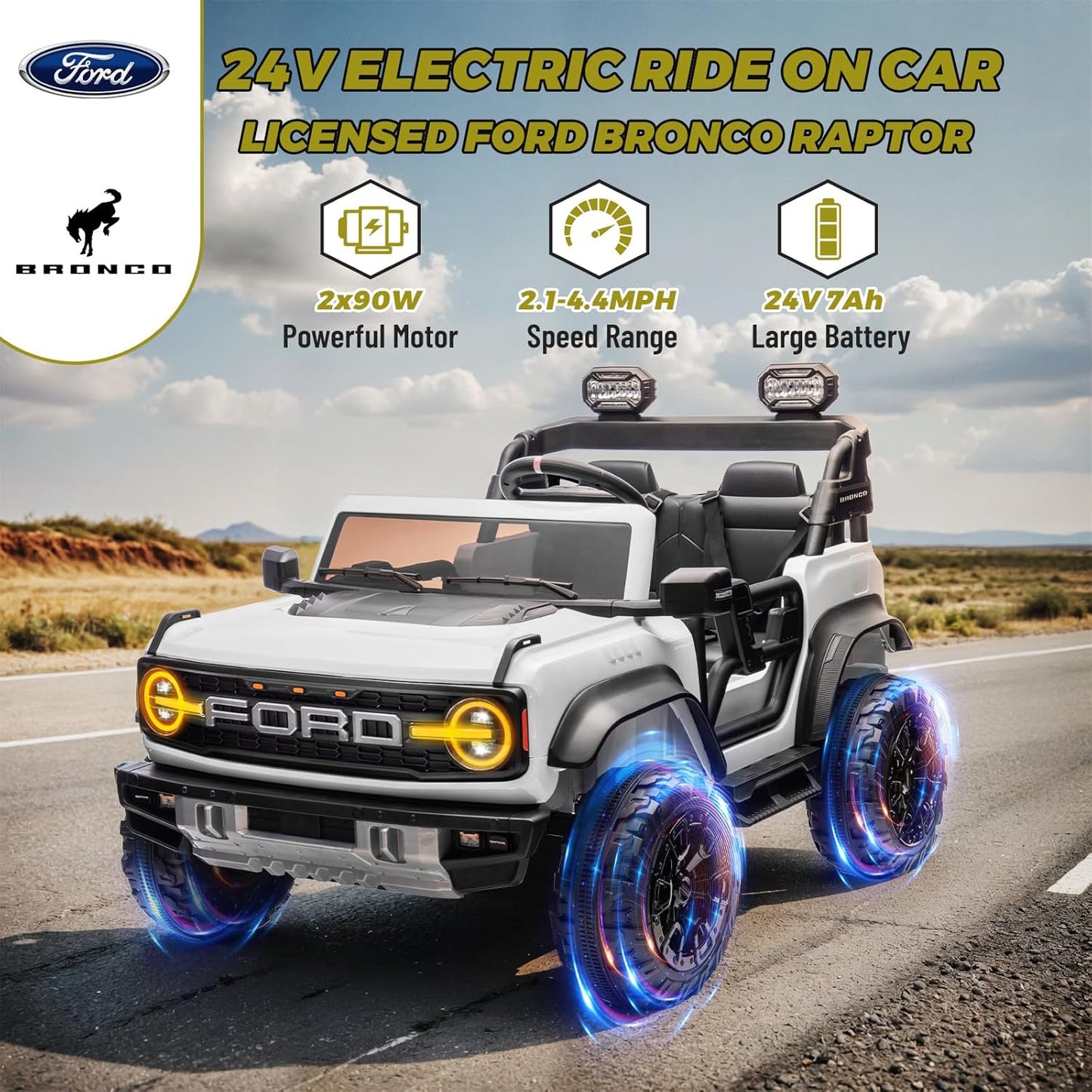 ENYOPRO 24V Ride On Toys for Big Kids, Licensed Ford Bronco Raptor 2-Seater Electric Car w/Remote Control, 21" Spacious Seat, 2x90W Powerful Motor, Spring Suspension, Bluetooth Music, 3 Speed - White