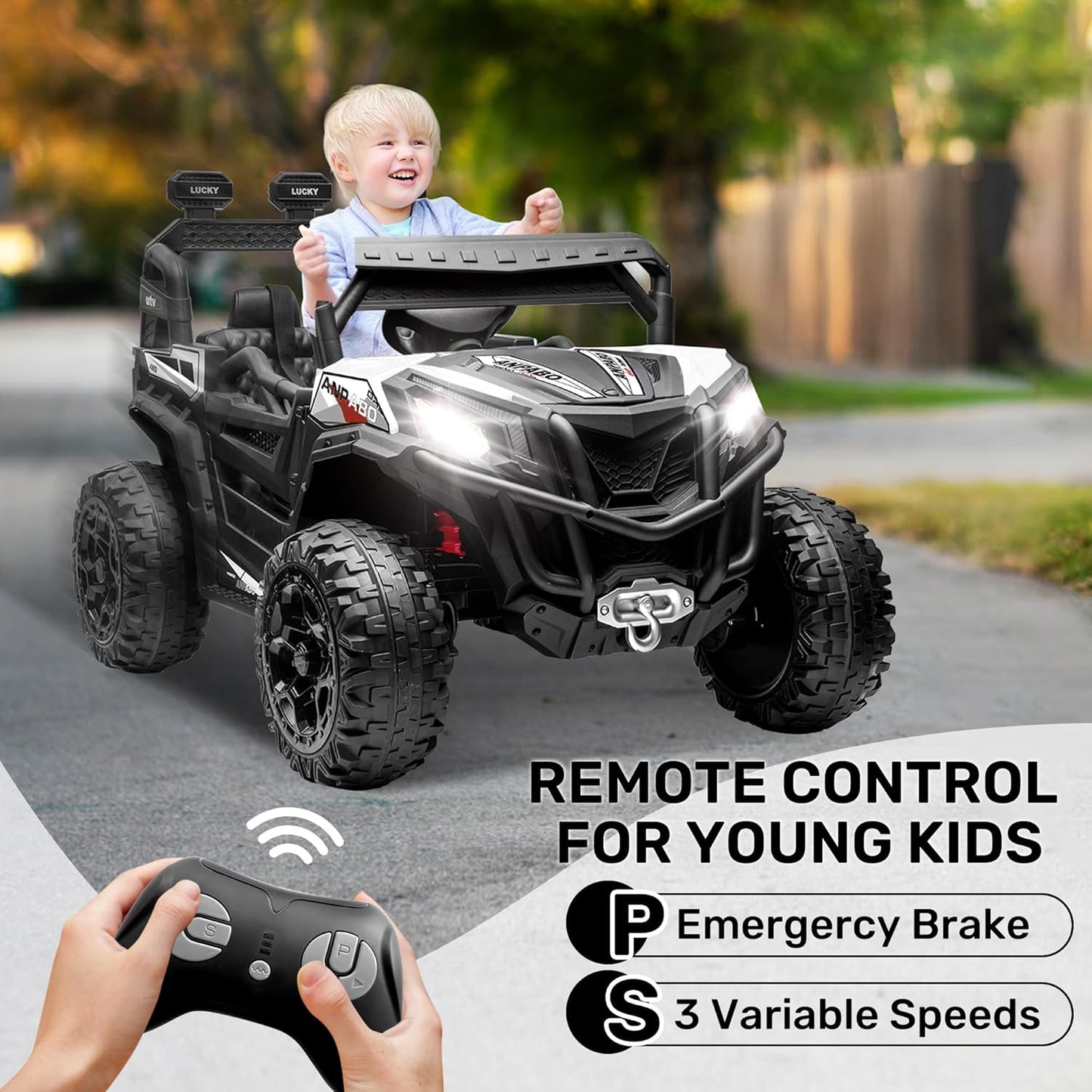 ANPABO 24V 4X4 Ride on Car Truck w/Remote Control, 4WD/2WD Switchable Kids UTV, 19" Spacious Seat, 4 Shock Absorbers, Soft Start, Music Player, Electric Car for Kids Ages 3+(White)