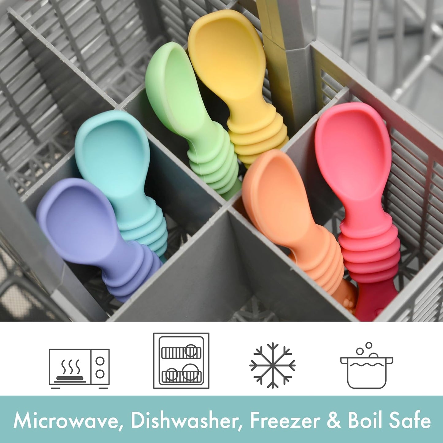 PrimaStella Silicone Chew Spoon Set for Babies and Toddlers | Safety Tested | BPA Free | Microwave, Dishwasher and Freezer Safe (Summer Rainbow Chew Spoon)