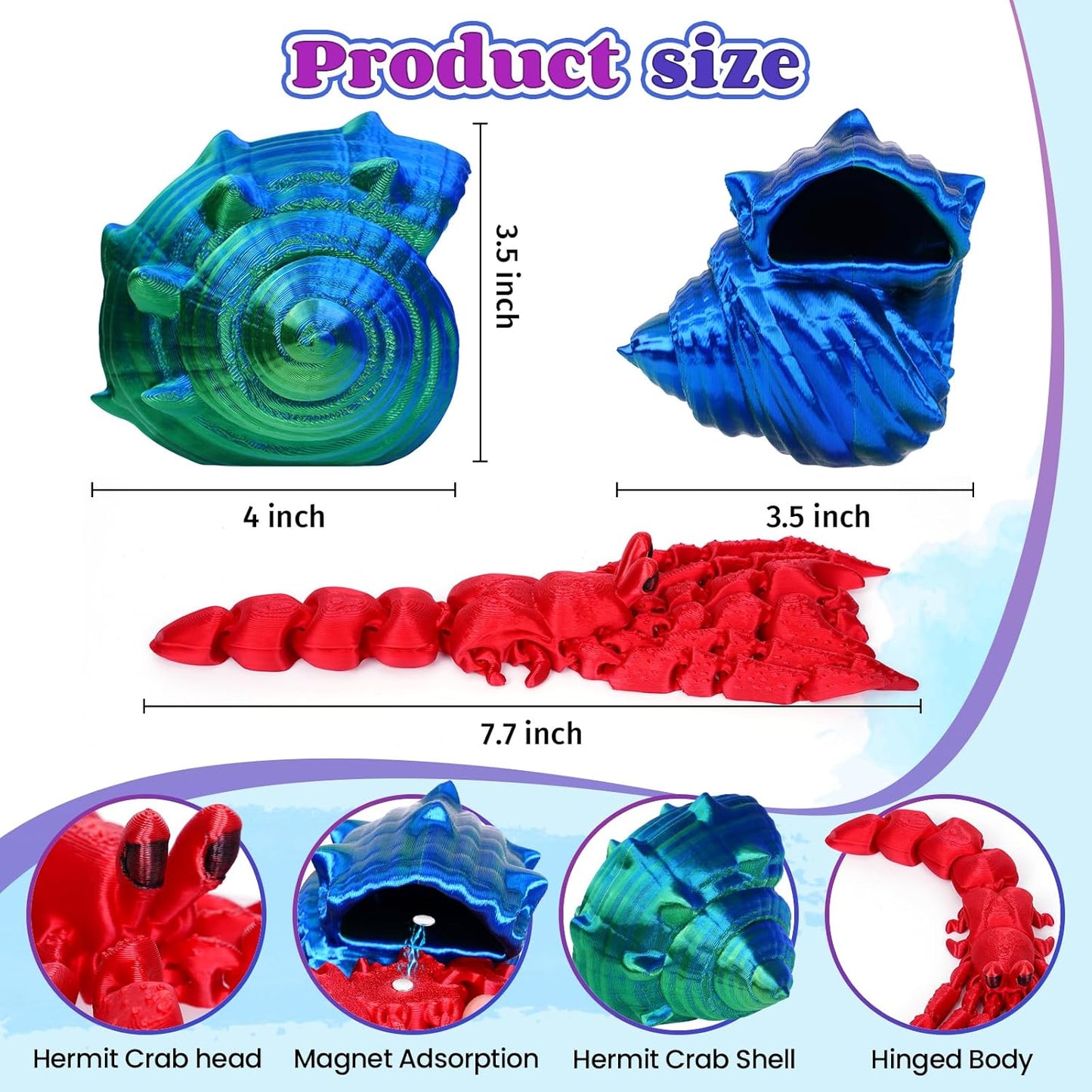 3D Printed Hermit Crab Fidget,3D Printed Dynamic Animals Toy,Full Articulated Flexible Crystal Hermit Crab Fidget Fidget Toys,Adults Fidget Toys for Autism ADHD,Home Office Decor (Blue Green)