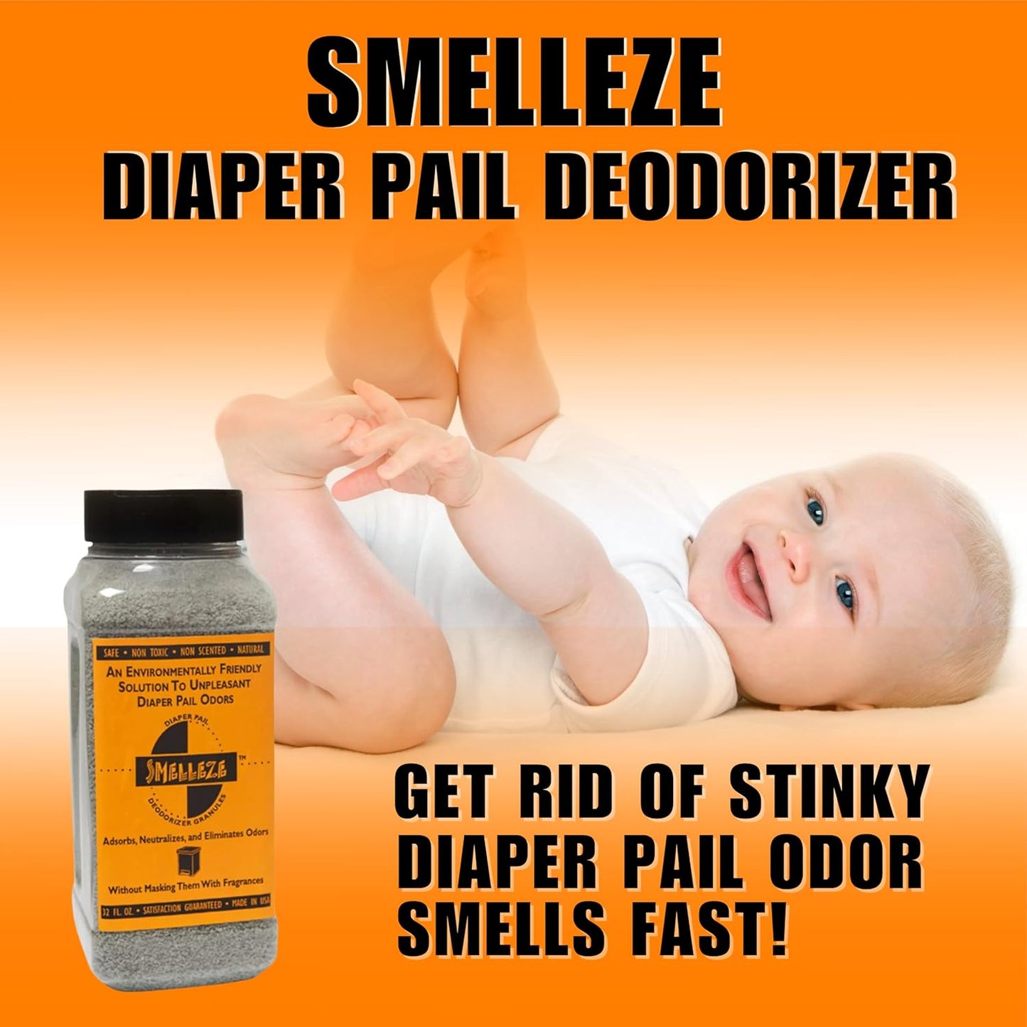 SMELLEZE Diaper Pail Deodorizer, Odor Eliminator for Diaper Pail, Baby Poop Deodorizer & Human Urine Odor Eliminator, Deodorizes Infant & Adult Diaper Pails - 2 lb. Granules
