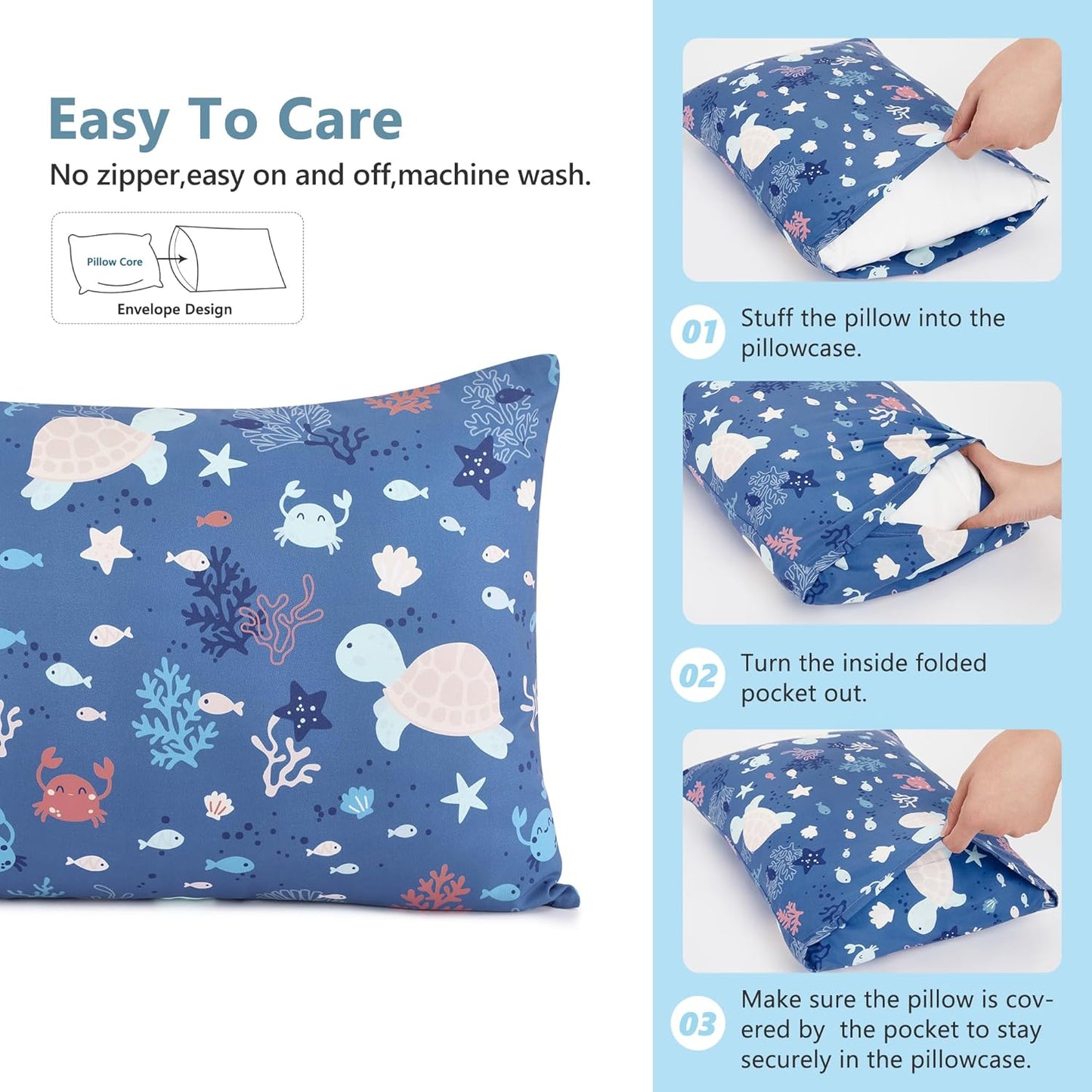 TILLYOU Toddler Pillowcase 2 Pack with Envelope Closure,13" x 18" Silky Soft Microfiber Travel Kids Pillowcase for Boys and Girls, Beach Time Turtle&Manta Ray
