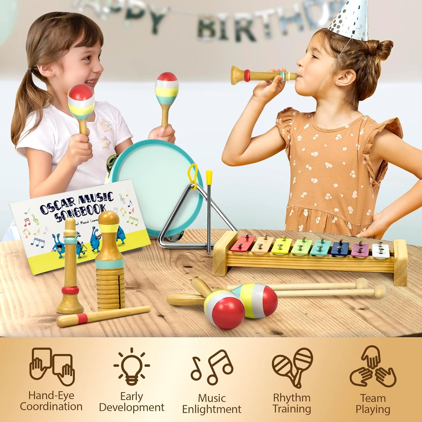 MINIARTIS Baby Musical Instruments Set - Montessori Musical Toys for Toddlers 1-3 | Modern Boho Kids Xylophone with Songbook | Neutral Colors Wooden Percussion Instruments | Preschool Educational 3+