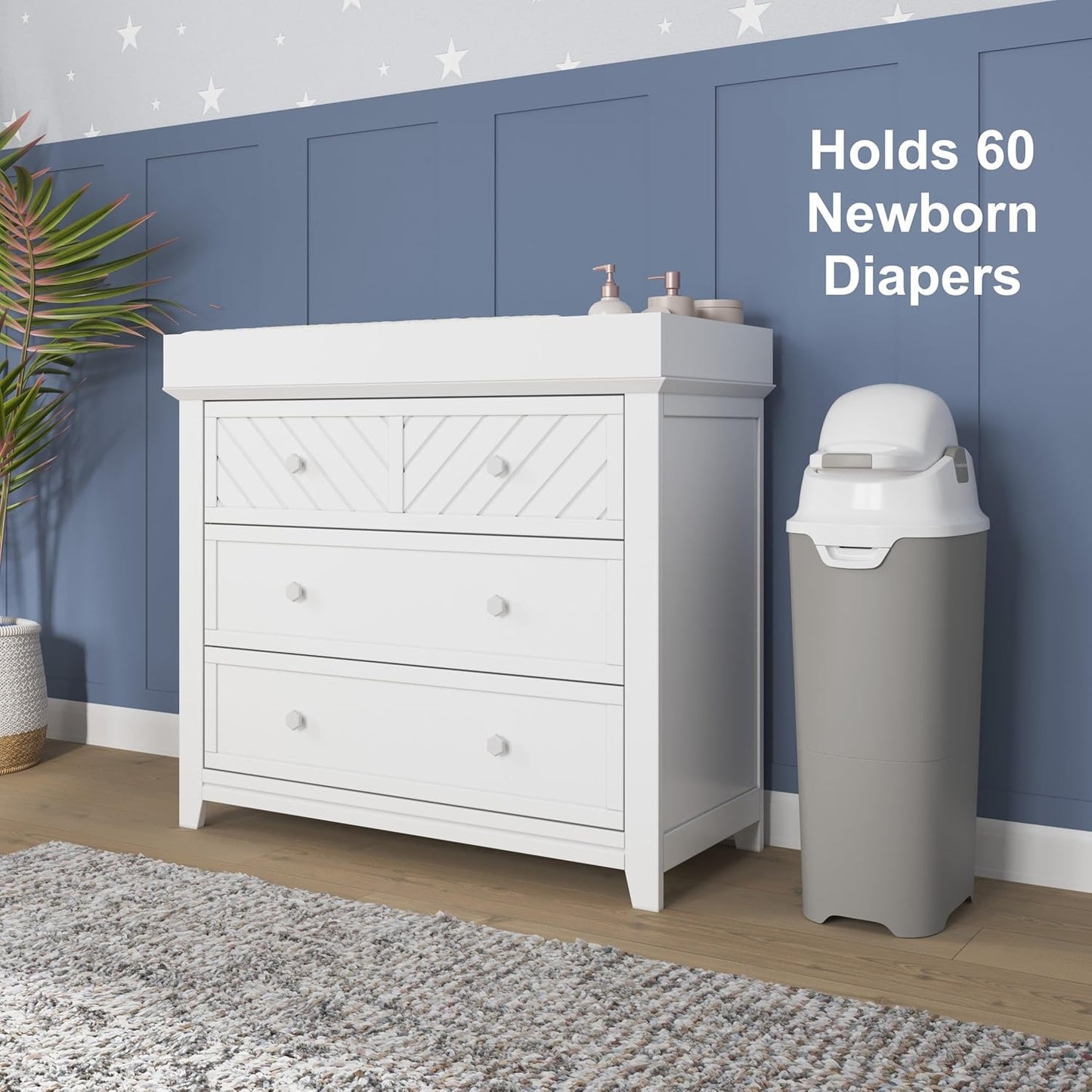 Foundations Tall Diaper Pail with Airtight Lid - Durable & Odorless Diaper Disposal, Large Capacity, Holds up to 60 Newborn Diapers, Refill with Any Bags - White