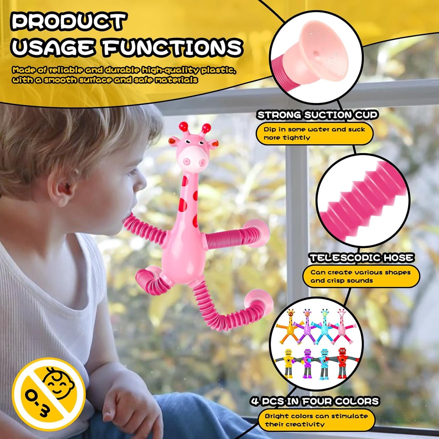 Giraffe Sensory Toys 4Pcs Gift for Toddlers Girls Year Old Ages 3 4 5 6 7 8 9 10, Suction Autism Toy Pop Tube Fidget Toys Autistic Travel Toys Stocking Easter Basket Stuffer Valentine Gift for Kids