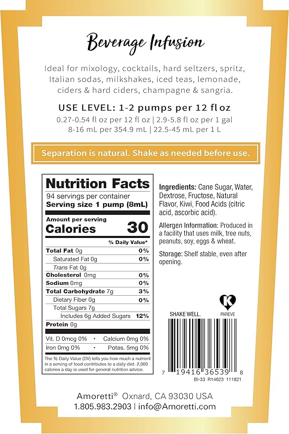 Amoretti - Golden Kiwi Beverage Infusion, 94 Servings Per Bottle (750 ml) - Drink Mix & Water Enhancer with Pump for Flavoring Cocktails, Waters, Teas, and other Beverages, Preservative Free