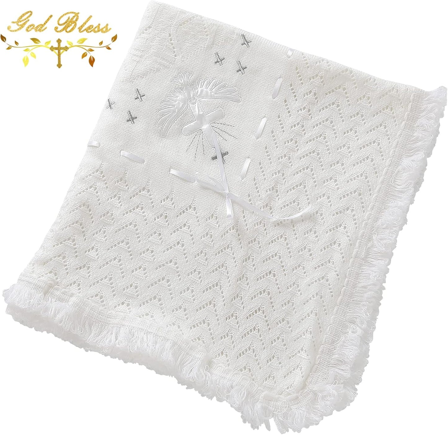 Booulfi Baby Christening Blanket Newborn White Baby Blanket Shawl Neutral Knitted Baptism Blankets for Babies Fleece Lined Winter Warm Blankets,Size 37x39 “
