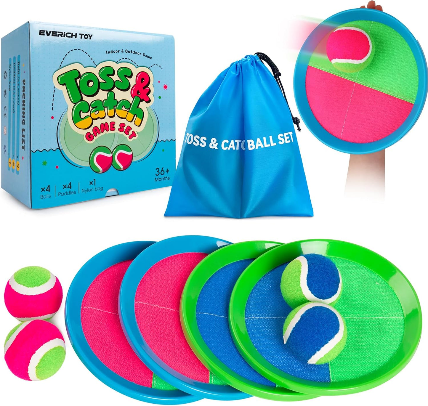 EVERICH Upgraded Toss and Catch Ball Game Set - Indoor and Outdoor Games for Kids 3-12, Beach Sand Pool Water Toy Includes 4 Paddles 4 Sticky Balls, Great Birthday Easter Gifts for Boys Girls