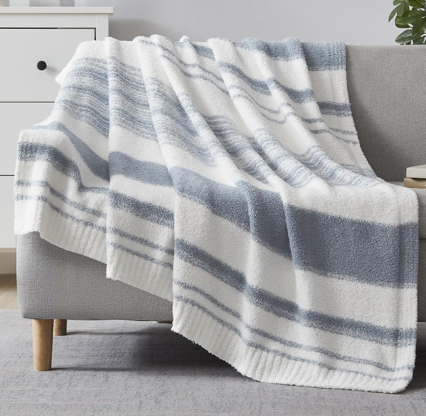 WRENGONGE Grey Blue Throw Blanket, 60x80 Soft Cozy Striped Throw Blankets for Couch, Sofa, Bed, Travel, Lightweight Fluffy Warm Plush Decorative Blankets for Women, Men,Kids Gift